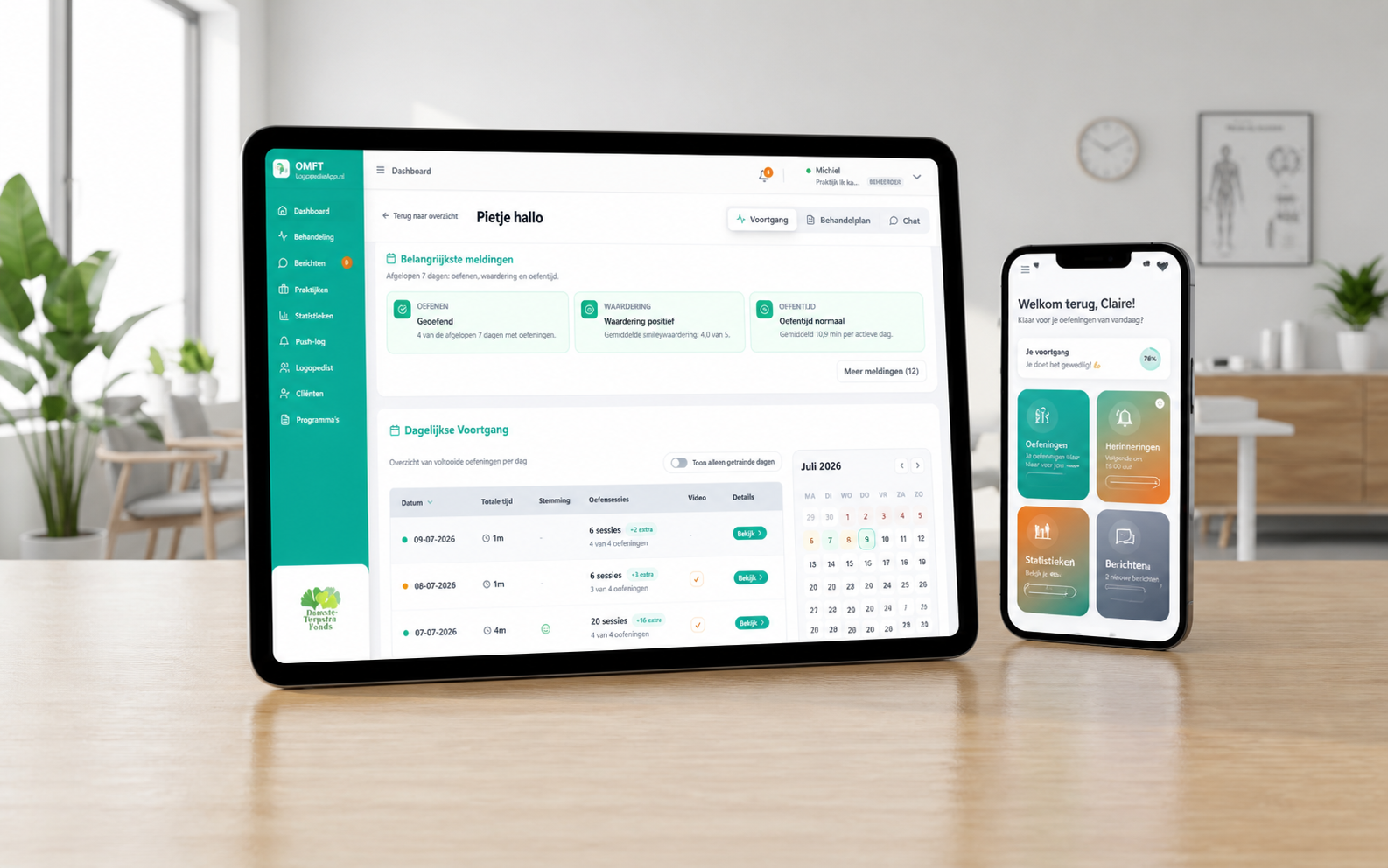 LogopedieApp-dashboard op tablet naast de mobiele app